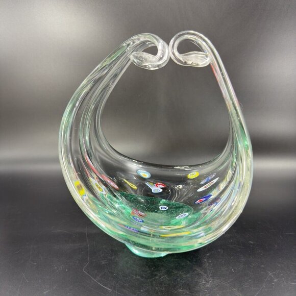 Large Art Glass Basket Bowl Centerpiece With Large Multicolor Millefiori Spots - Picture 12 of 16